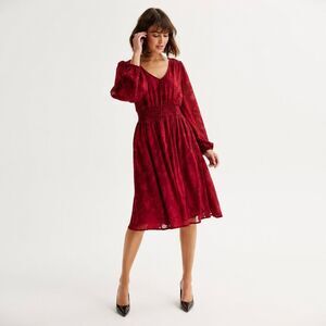 Draper James Red V-neck Cinched Waist Long Sleeve Midi Dress Medium #783